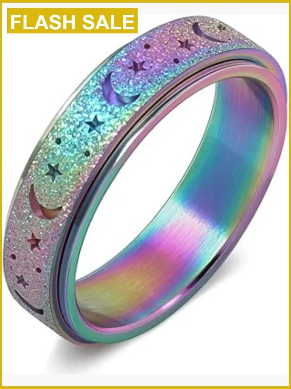 Moon and Star Spinner Fidget Ring Stainless Steel Rotating Anxiety Ring Band